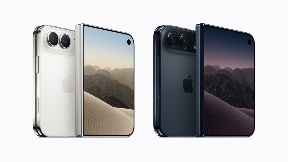 Apple’s iPhone Duo, shown in its folded and unfolded form, in two color options.